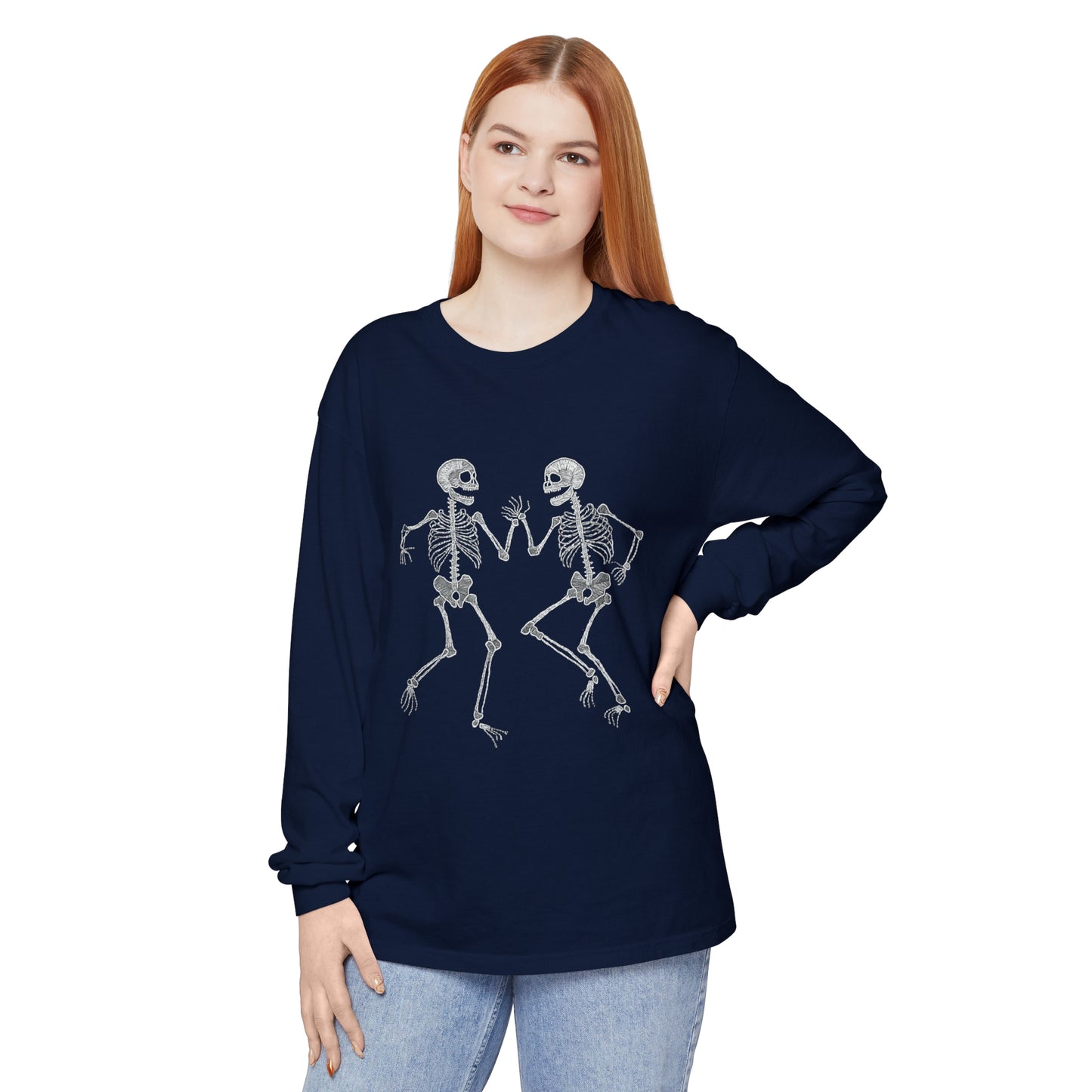 Halloween Tee - Unisex Garment-dyed Long Sleeve T-Shirt with Dancing skeletons