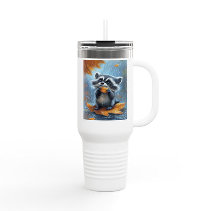 Insulated Travel Mug, 40oz - Rainy Day Raccoon Insulated Mug - Vibrant 3D Watercolor Raccoon Design Travel Mug