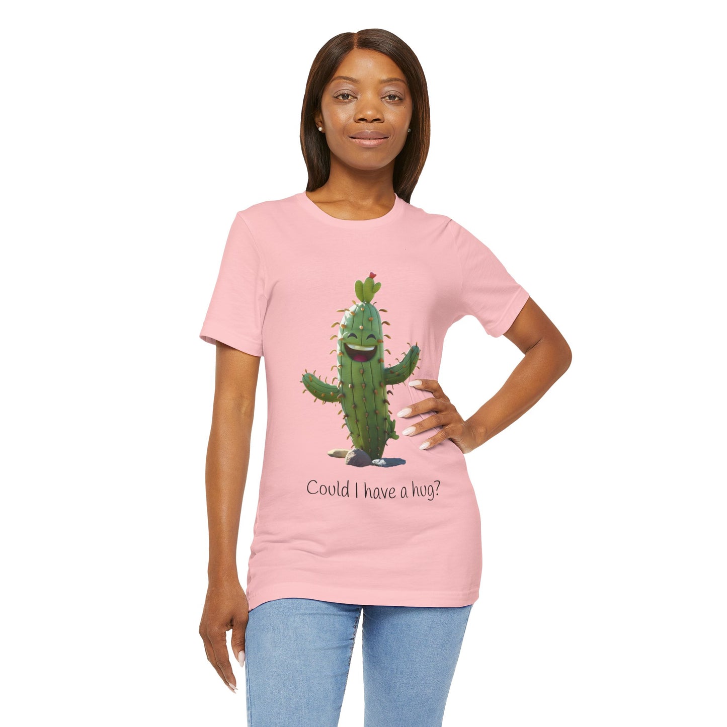 Light Colorful Smiling Cactus Plant T-shirt -  'Could I Have a Hug?' - Lightweight Fabric Tee