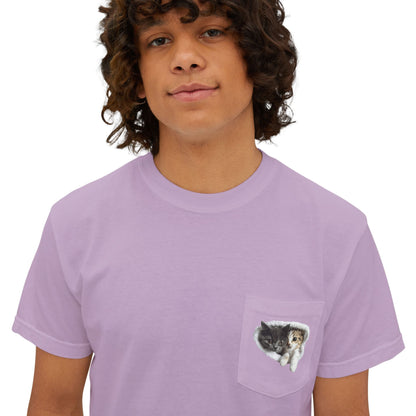 Garment-Dyed Pocket T-Shirt with Adorable Cat Design, Casual Wear, Gift for Cat Lovers, Summer Fashion, Everyday Essentials