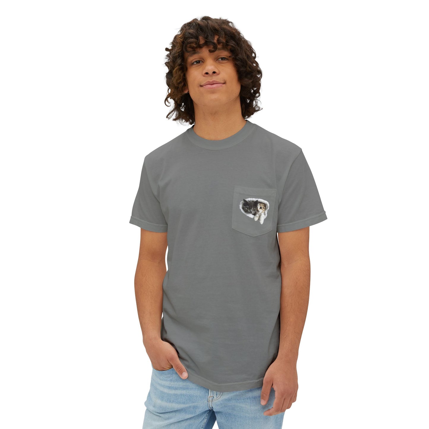 Garment-Dyed Pocket T-Shirt with Adorable Cat Design, Casual Wear, Gift for Cat Lovers, Summer Fashion, Everyday Essentials