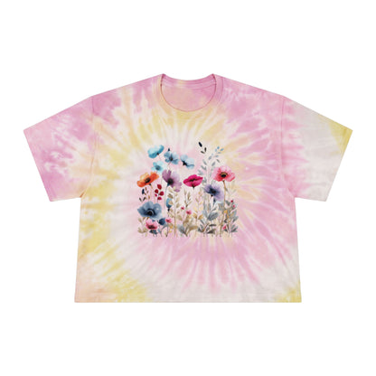 Beautiful Watercolor Floral Tie-Dye Crop Tee - T-Shirt for Women