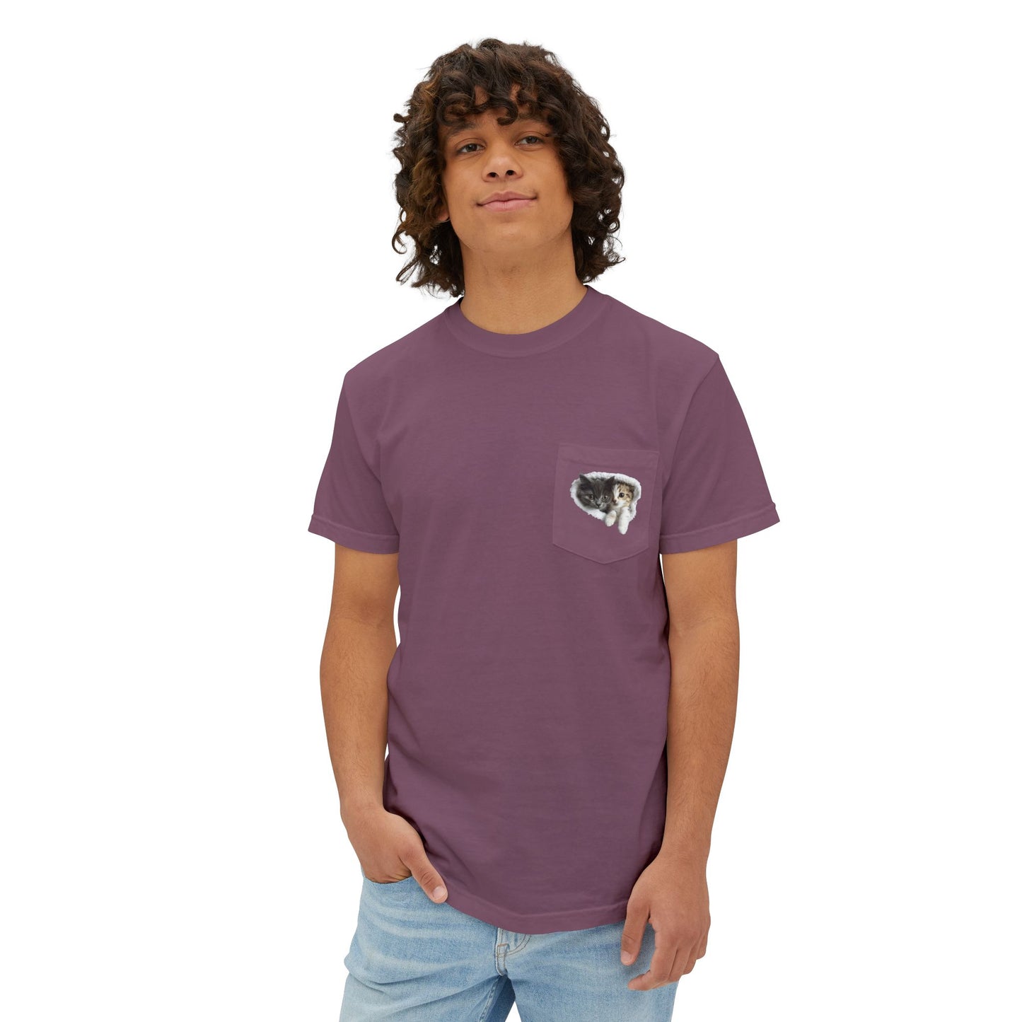 Garment-Dyed Pocket T-Shirt with Adorable Cat Design, Casual Wear, Gift for Cat Lovers, Summer Fashion, Everyday Essentials