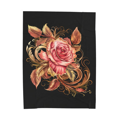 Black Velveteen Plush Blanket with beautiful pink rose surrounded by swirling leaves