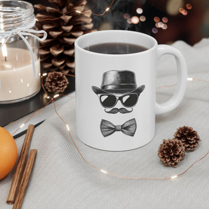 Gentleman Ceramic Mug, (11oz, 15oz) - Ceramic Mug with Black Vector Design - Sunglasses, Mustache & Bow Tie
