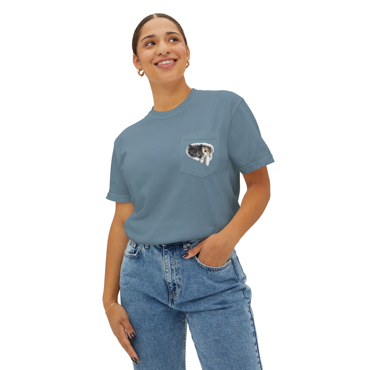 Garment-Dyed Pocket T-Shirt with Adorable Cat Design, Casual Wear, Gift for Cat Lovers, Summer Fashion, Everyday Essentials