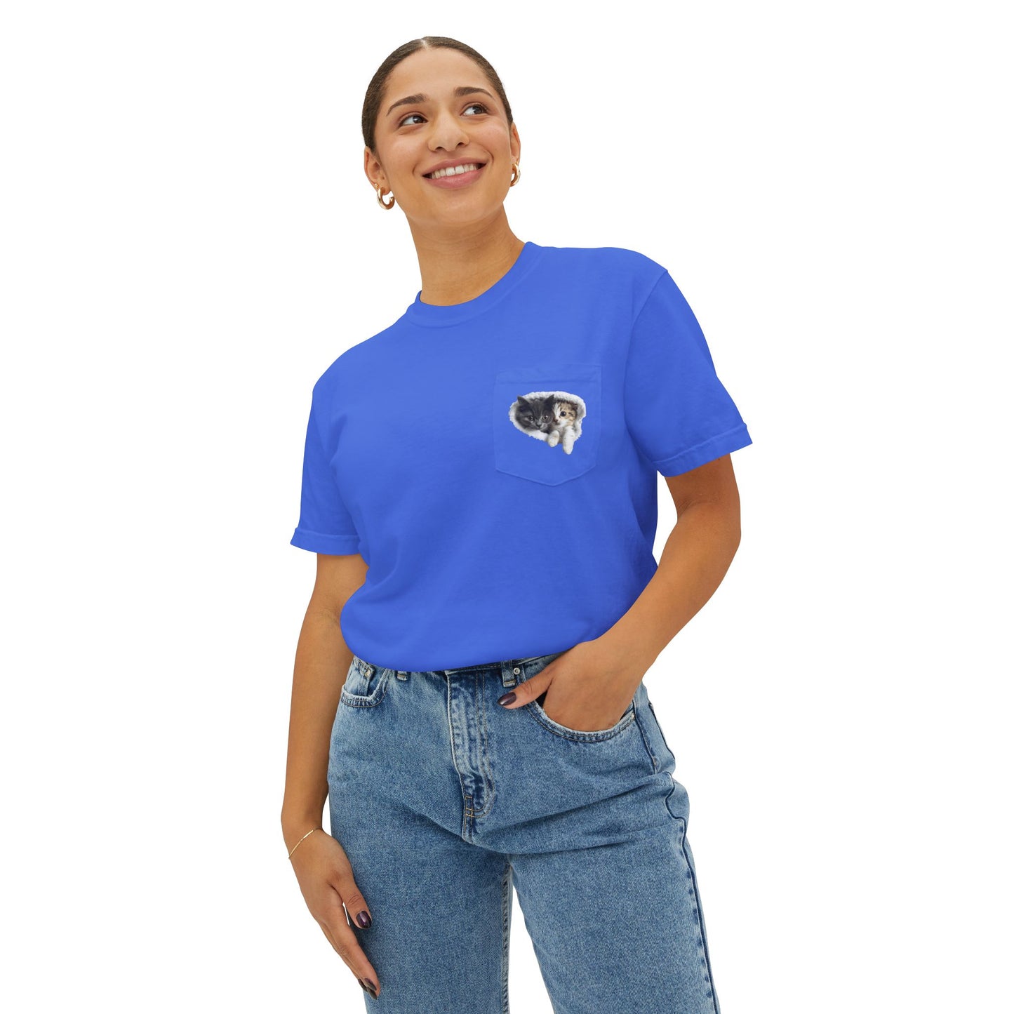 Garment-Dyed Pocket T-Shirt with Adorable Cat Design, Casual Wear, Gift for Cat Lovers, Summer Fashion, Everyday Essentials