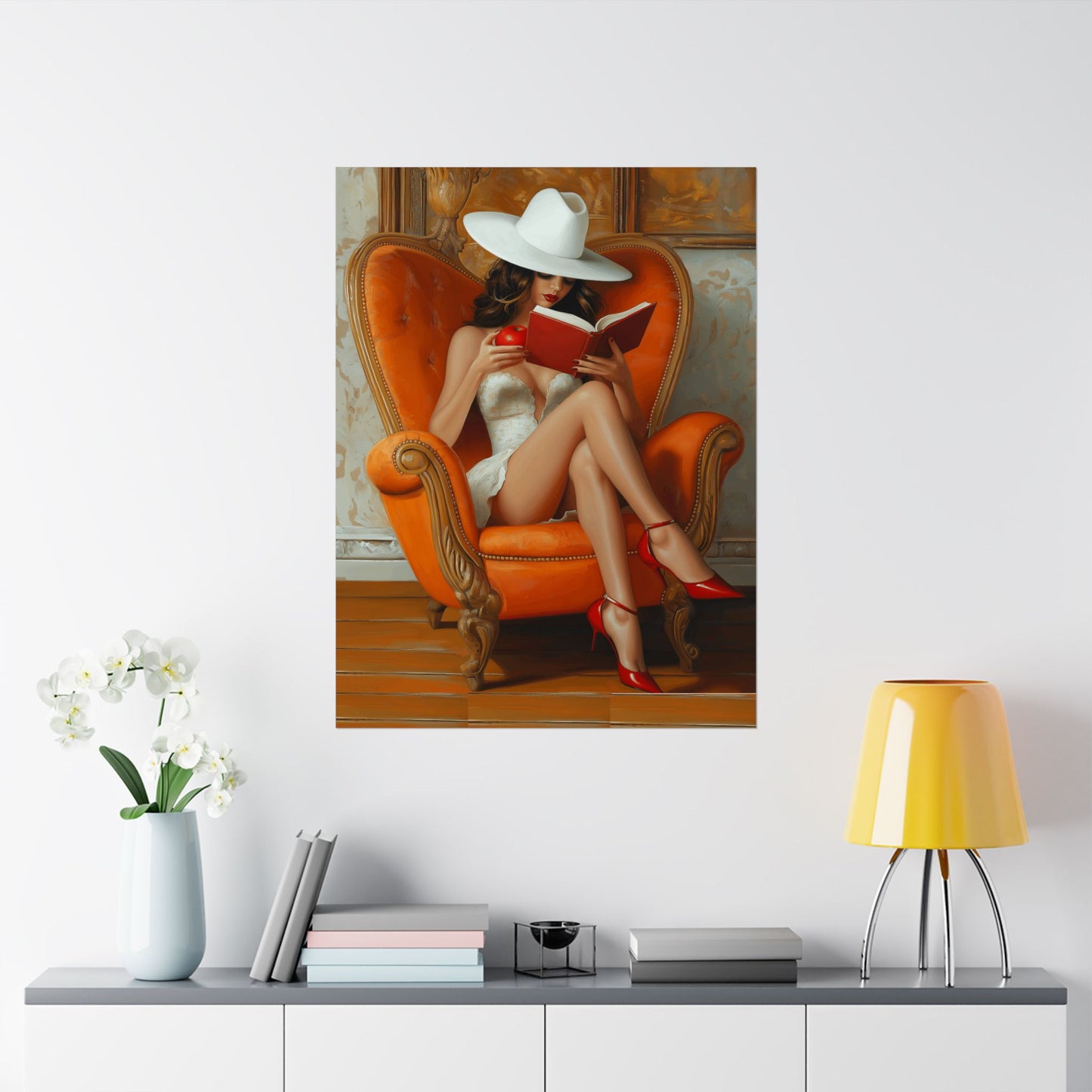 Matte Vertical Poster - Elegant Woman Reading Book and Holding Red Apple on Luxurious Sofa Design Poster