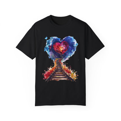 Unisex Garment-Dyed T-shirt - Journey of Heart - Train Tracks Coming out from Heart