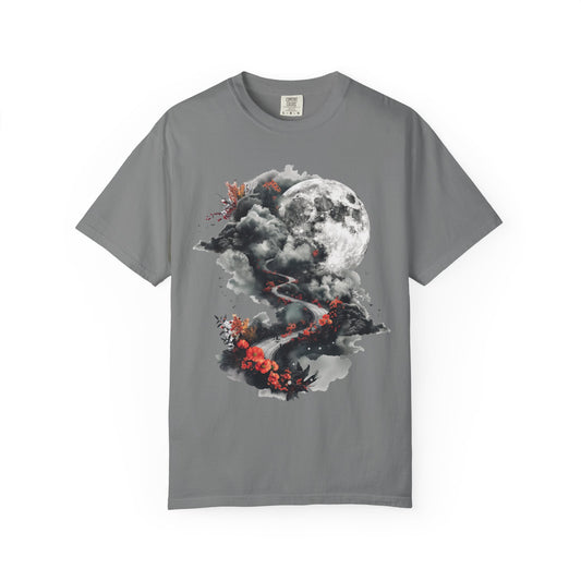 Gray t-shirt with a moon and floral design 