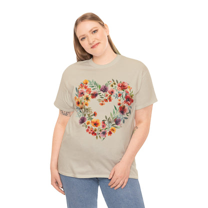 Women's Heavy Cotton Tee - Floral Heart Unisex T-Shirt