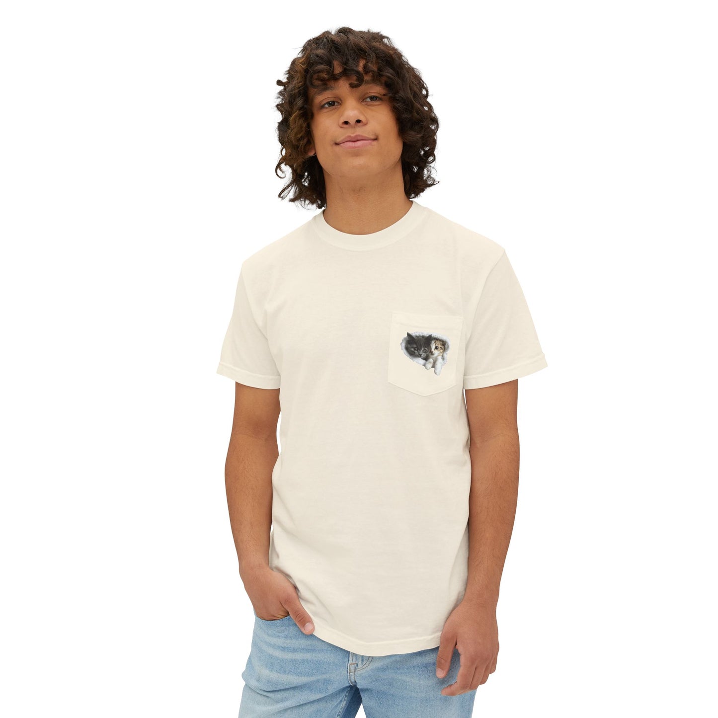 Garment-Dyed Pocket T-Shirt with Adorable Cat Design, Casual Wear, Gift for Cat Lovers, Summer Fashion, Everyday Essentials