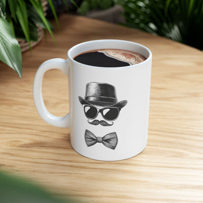 Gentleman Ceramic Mug, (11oz, 15oz) - Ceramic Mug with Black Vector Design - Sunglasses, Mustache & Bow Tie