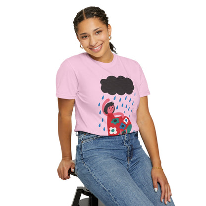 Colorful Rainy Day Unisex T-Shirt - Whimsical Design Featuring Flowers & Clouds - Mother's day Gift - Birthday Gift