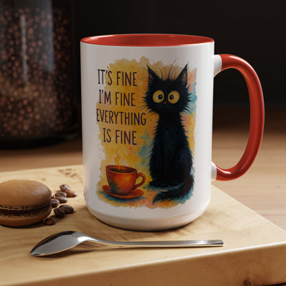 Whimsical Cat Accent Coffee Mug - 'It's Fine, I'm Fine, Everything is Fine'