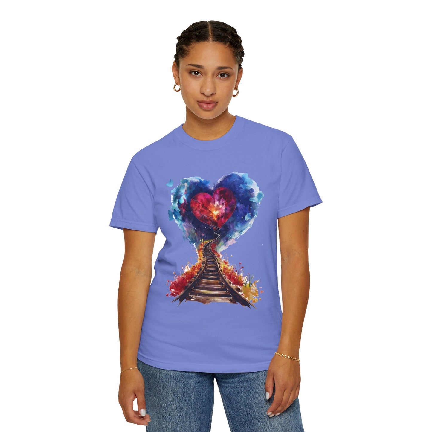 Unisex Garment-Dyed T-shirt - Journey of Heart - Train Tracks Coming out from Heart