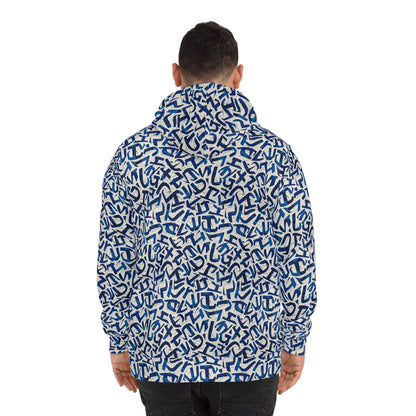 Fashion Hoodie for Men and Women - Blue Iconography-Style Lettering Design Hoodie