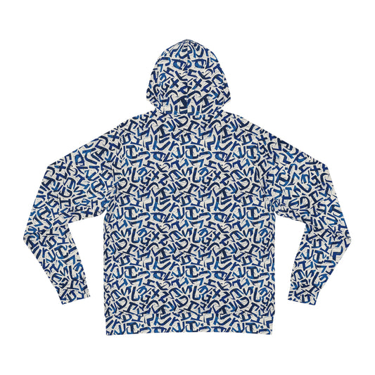 Fashion Hoodie for Men and Women - Blue Iconography-Style Lettering Design Hoodie