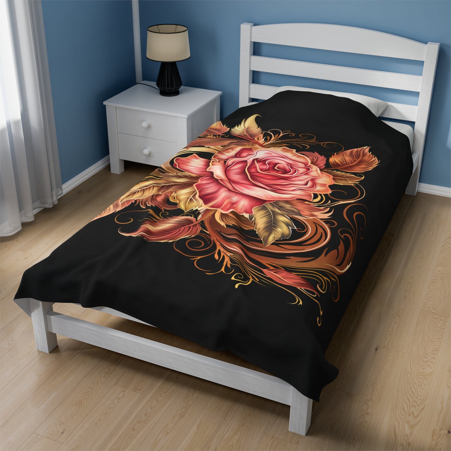 Black Velveteen Plush Blanket with beautiful pink rose surrounded by swirling leaves