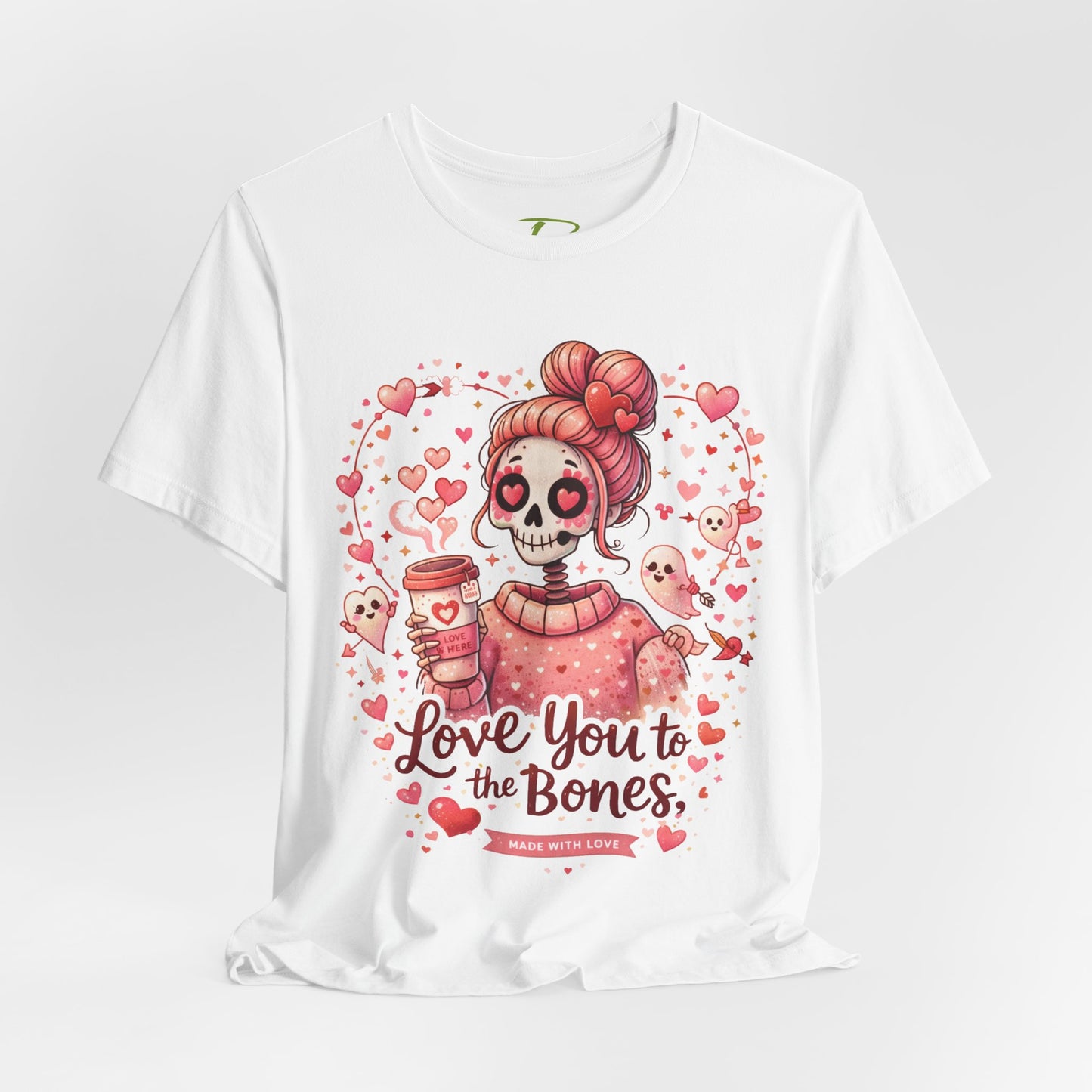 Spooky cute Valentine design with a pink skull girl, heart eyes, coffee cup, and cupid ghosts, text reads ‘Love you to the bones’