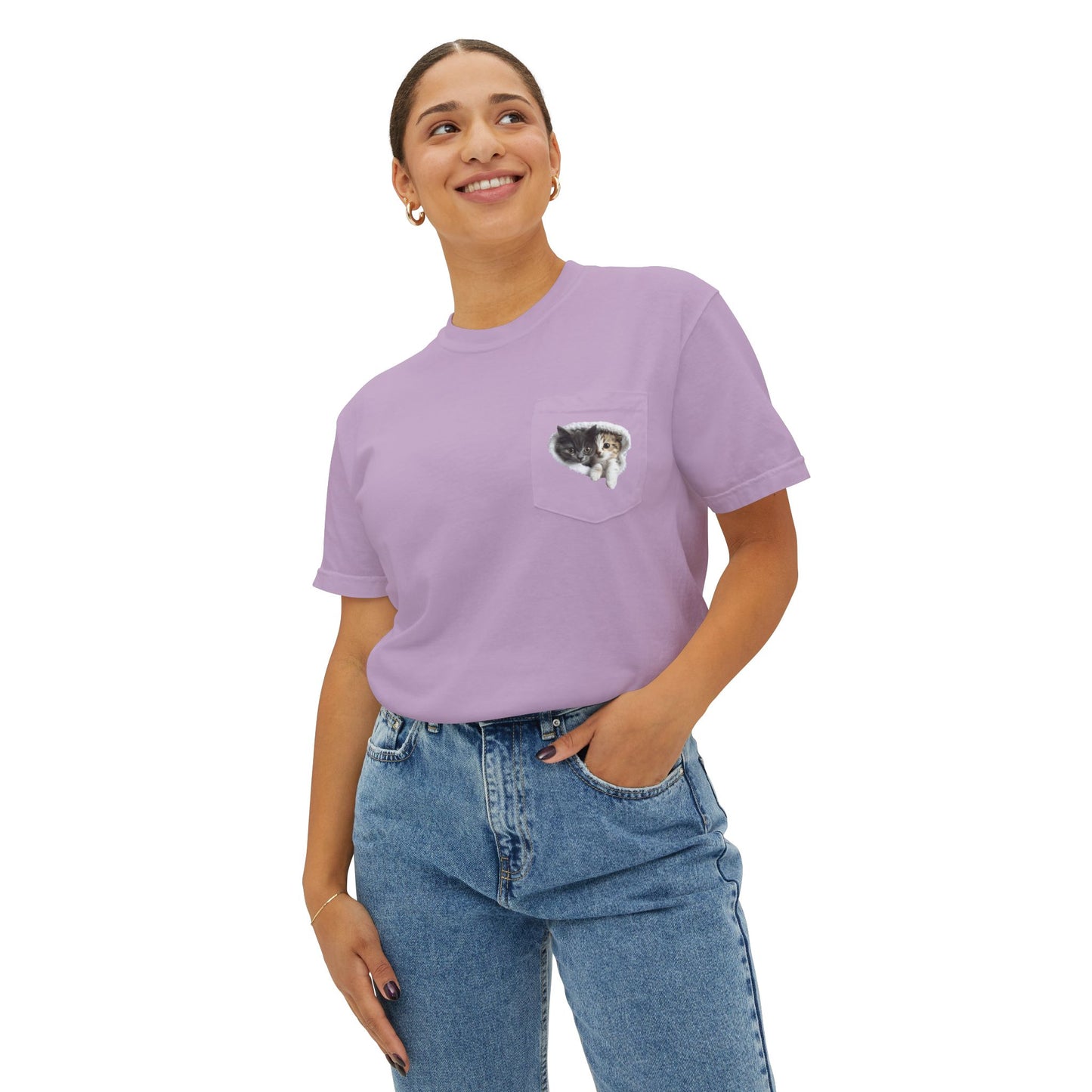 Garment-Dyed Pocket T-Shirt with Adorable Cat Design, Casual Wear, Gift for Cat Lovers, Summer Fashion, Everyday Essentials