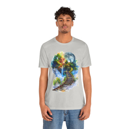 Unisex T-Shirt with 3D Watercolor Train Tracks and Enchanted Forest Design - Lightweight Fabric Tee