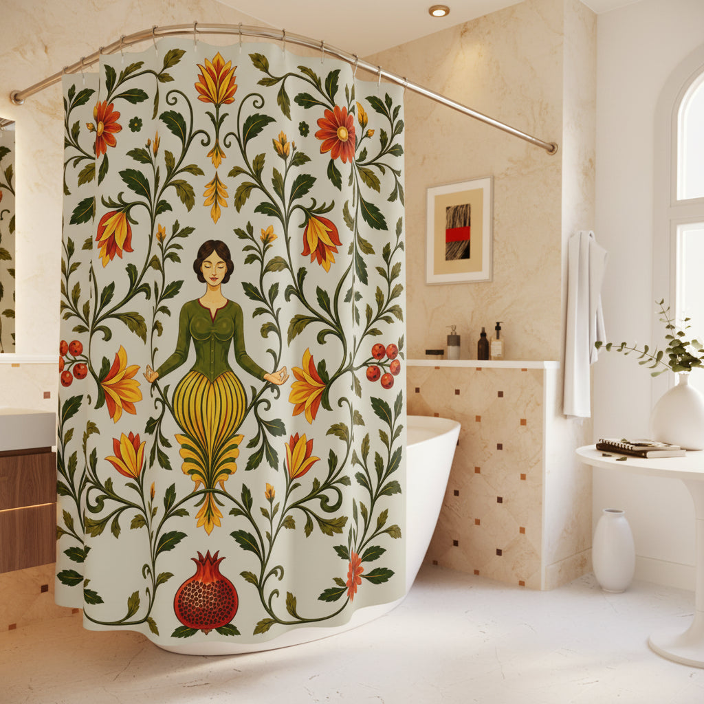 A floral shower curtain hanging in a bright white bathroom. The curtain features a central meditating woman surrounded by green vines, orange and red flowers, and a pomegranate at the bottom.