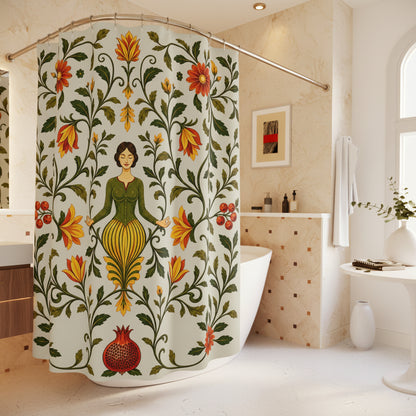 A floral shower curtain hanging in a bright white bathroom. The curtain features a central meditating woman surrounded by green vines, orange and red flowers, and a pomegranate at the bottom.