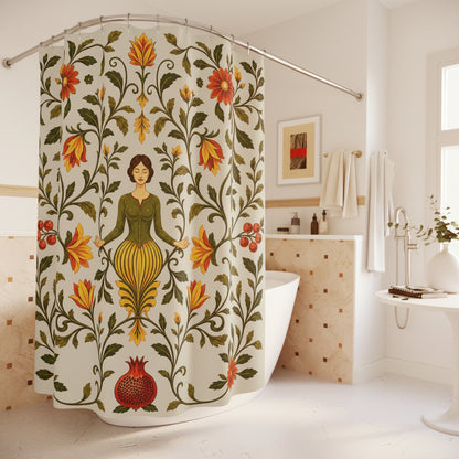 A floral shower curtain hanging in a bright white bathroom. The curtain features a central meditating woman surrounded by green vines, orange and red flowers, and a pomegranate at the bottom.