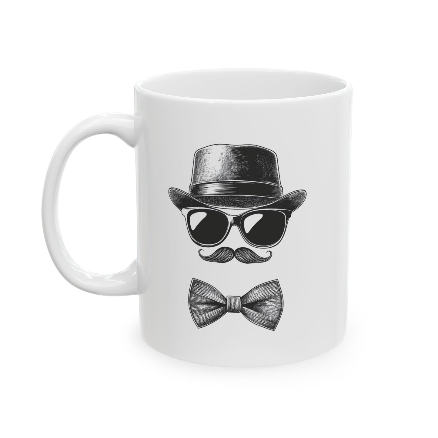 Gentleman Ceramic Mug, (11oz, 15oz) - Ceramic Mug with Black Vector Design - Sunglasses, Mustache & Bow Tie