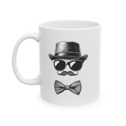 Gentleman Ceramic Mug, (11oz, 15oz) - Ceramic Mug with Black Vector Design - Sunglasses, Mustache & Bow Tie