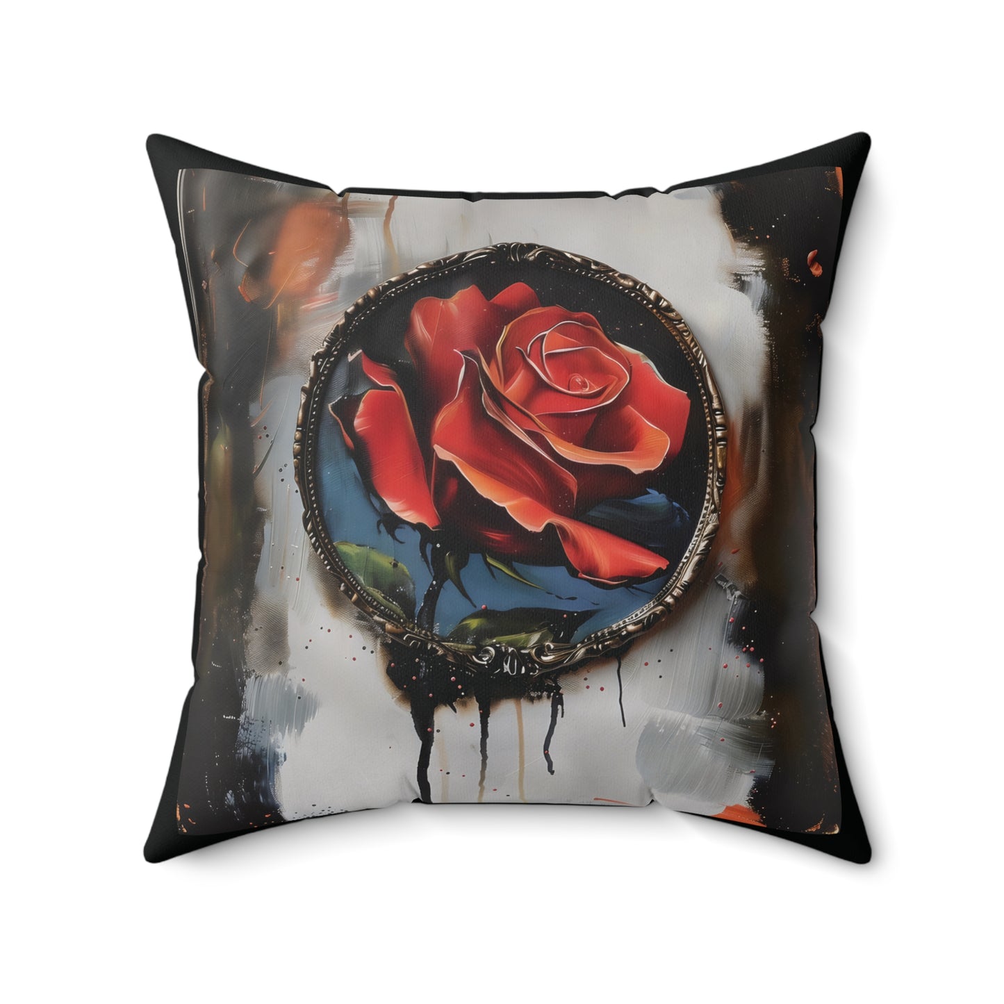 A square-shaped cushion with a rose oil colored design on a black background, featuring a concealed zipper.