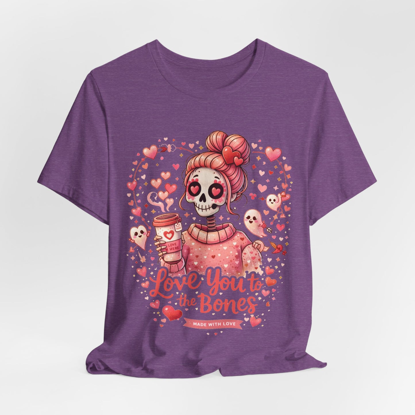 Valentine’s Day skeleton love design with a cute skull girl, pink hearts, coffee details, and cupid ghosts around the text.