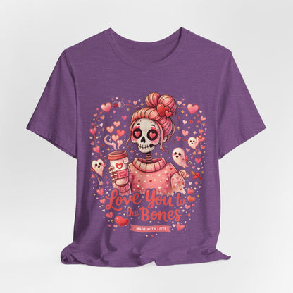 Valentine’s Day skeleton love design with a cute skull girl, pink hearts, coffee details, and cupid ghosts around the text.