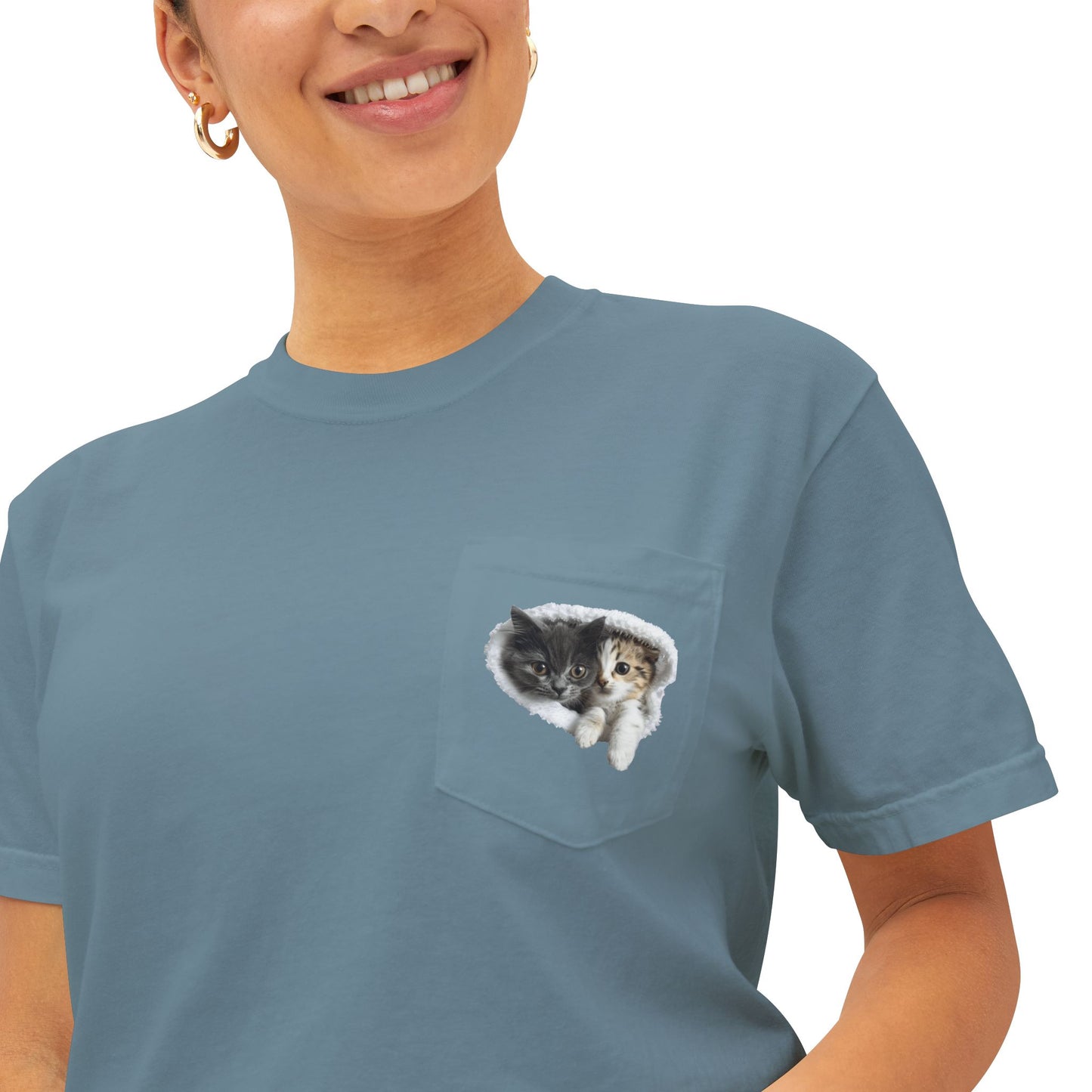 Garment-Dyed Pocket T-Shirt with Adorable Cat Design, Casual Wear, Gift for Cat Lovers, Summer Fashion, Everyday Essentials