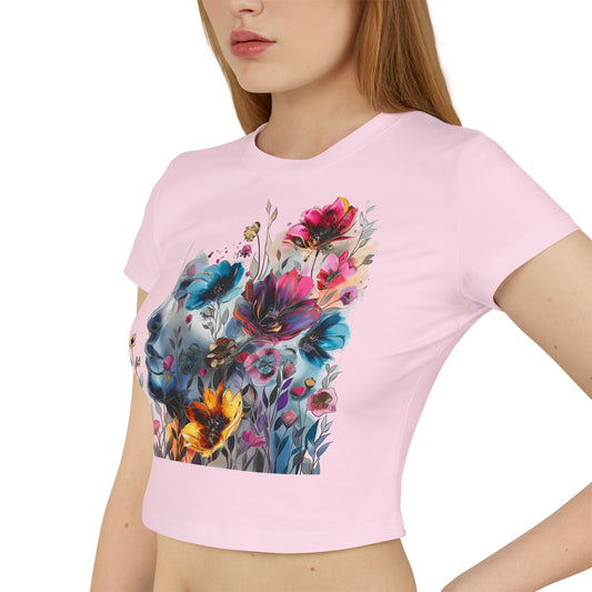 Floral Dreamscape Women Baby Tee - Artistic Short-Sleeve Top for Nature Lovers