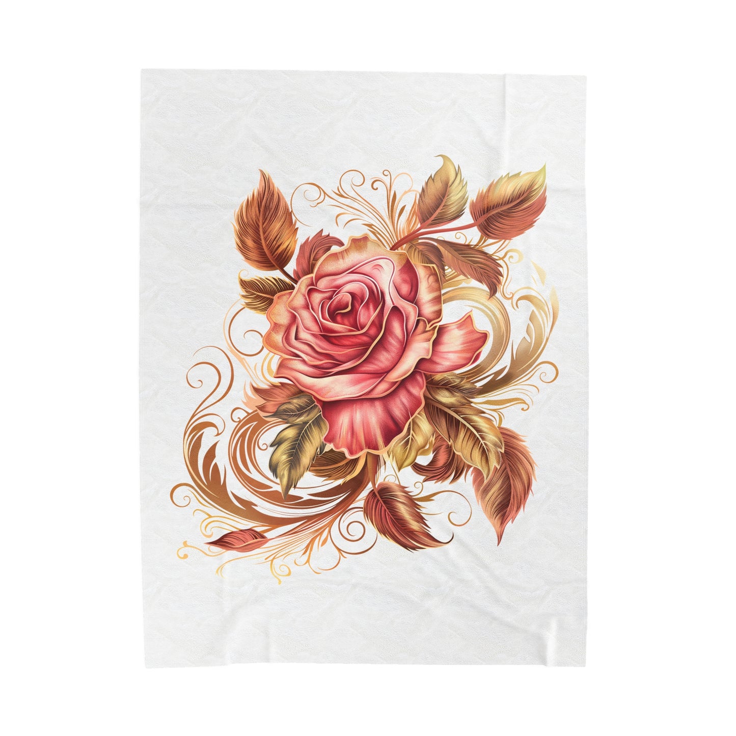 White Velveteen Plush Blanket with beautiful pink rose surrounded by swirling leaves