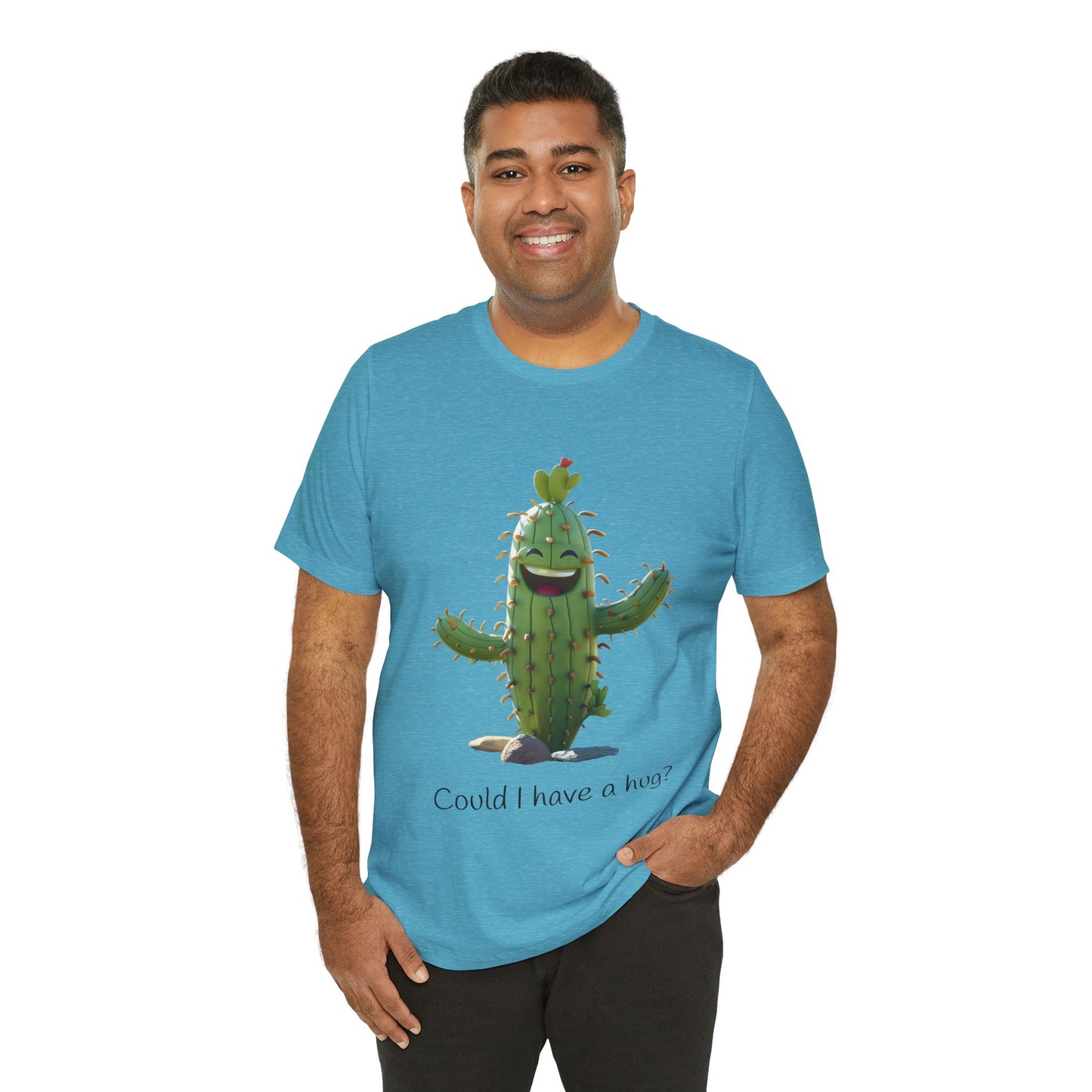 Light Colorful Smiling Cactus Plant T-shirt -  'Could I Have a Hug?' - Lightweight Fabric Tee