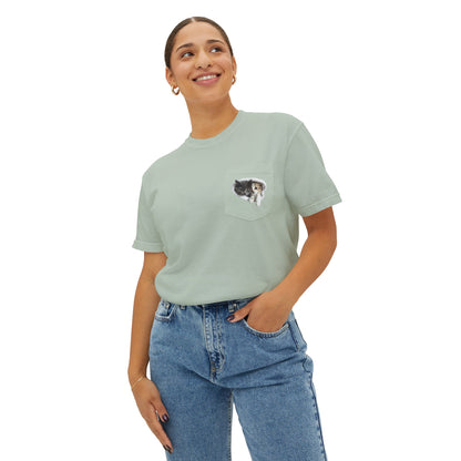 Garment-Dyed Pocket T-Shirt with Adorable Cat Design, Casual Wear, Gift for Cat Lovers, Summer Fashion, Everyday Essentials