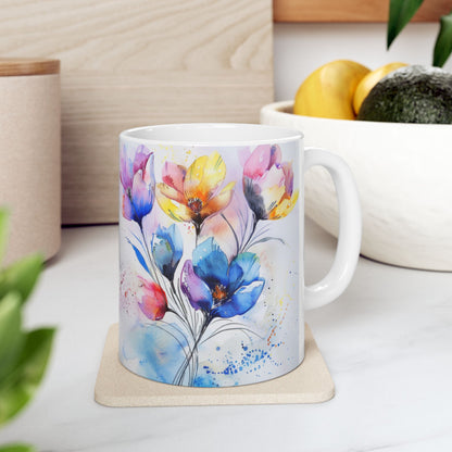 Ceramic Mug, Watercolor Artistic Florals, (11oz, 15oz)