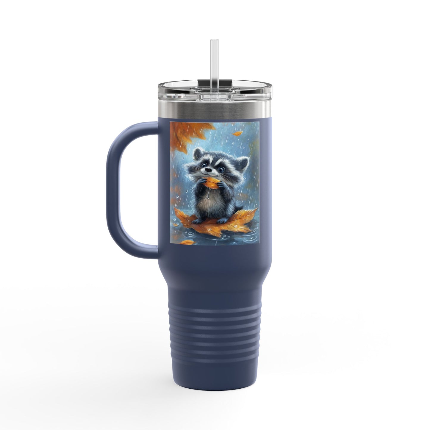 Insulated Travel Mug, 40oz - Rainy Day Raccoon Insulated Mug - Vibrant 3D Watercolor Raccoon Design Travel Mug