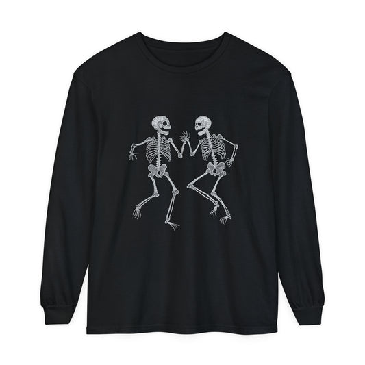 Halloween Tee - Unisex Garment-dyed Long Sleeve T-Shirt with Dancing skeletons