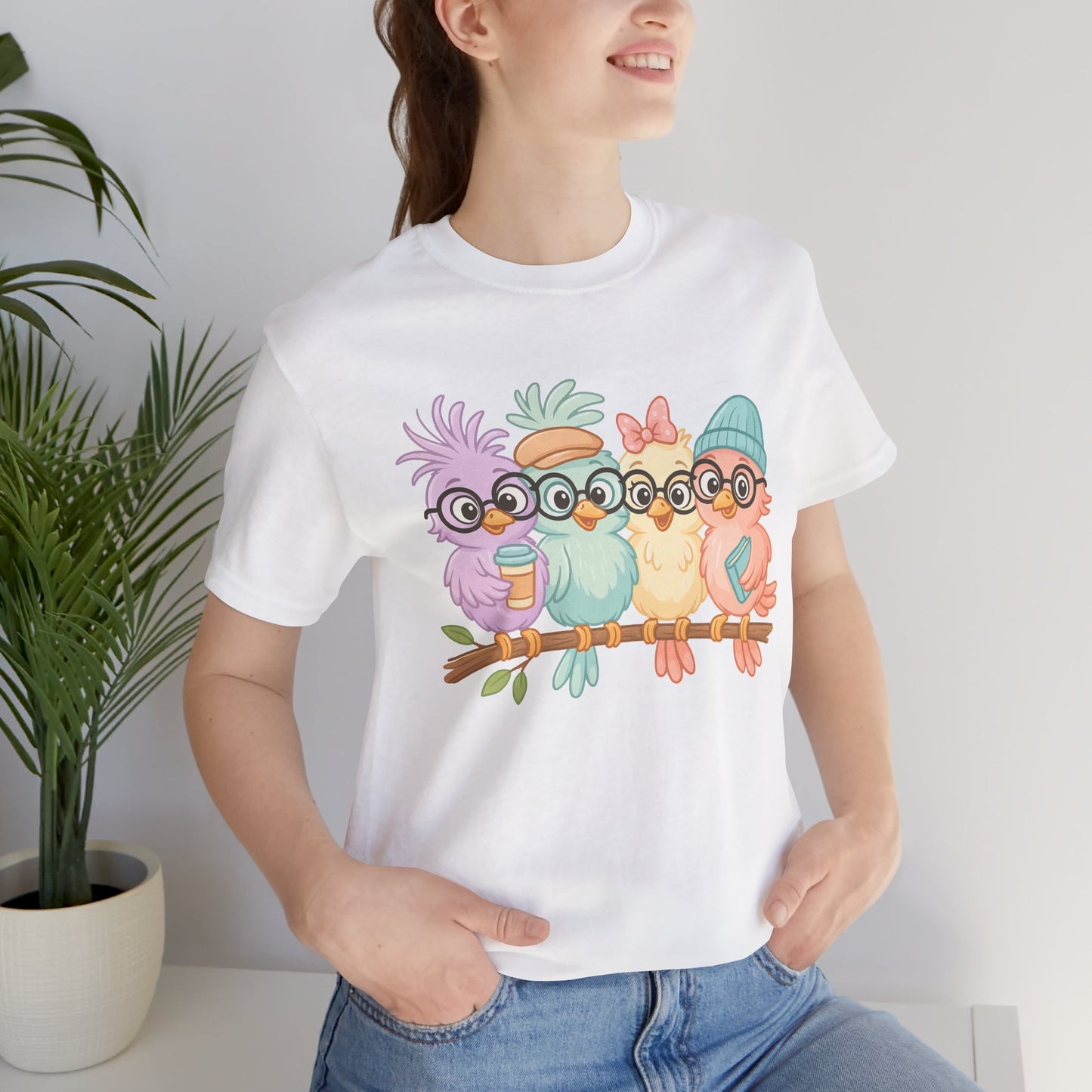 Cute Bird Friends Short Sleeve T-shirt - Perfect Gift for Animal Lovers - Lightweight Fabric Tee