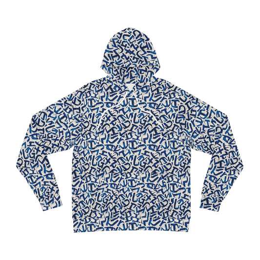 Fashion Hoodie for Men and Women - Blue Iconography-Style Lettering Design Hoodie
