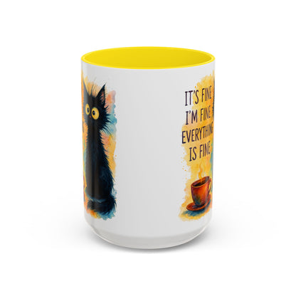 Whimsical Cat Accent Coffee Mug - 'It's Fine, I'm Fine, Everything is Fine'