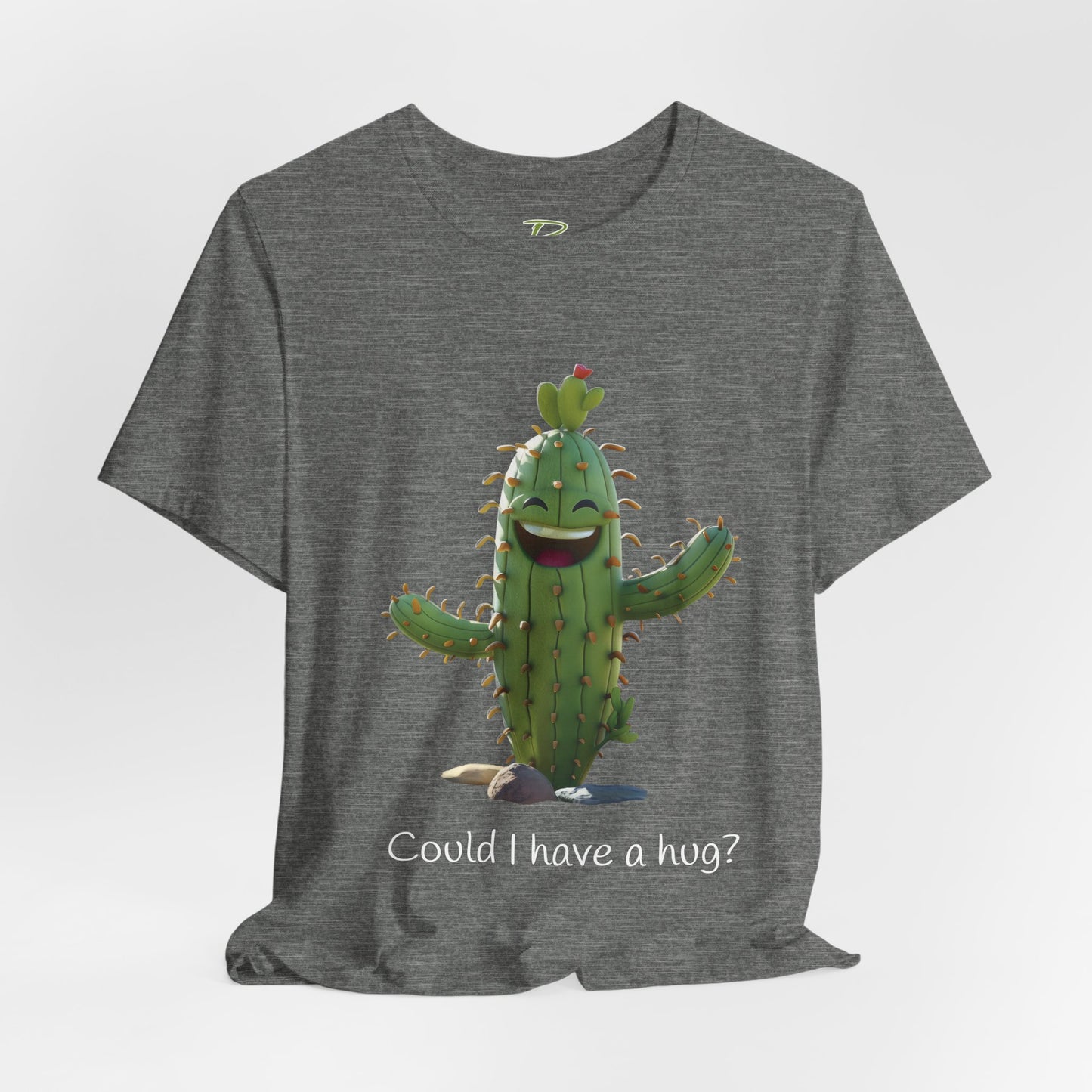 Dark Smiling Cactus Plant T-shirt -  'Could I Have a Hug?' - Lightweight Fabric Tee