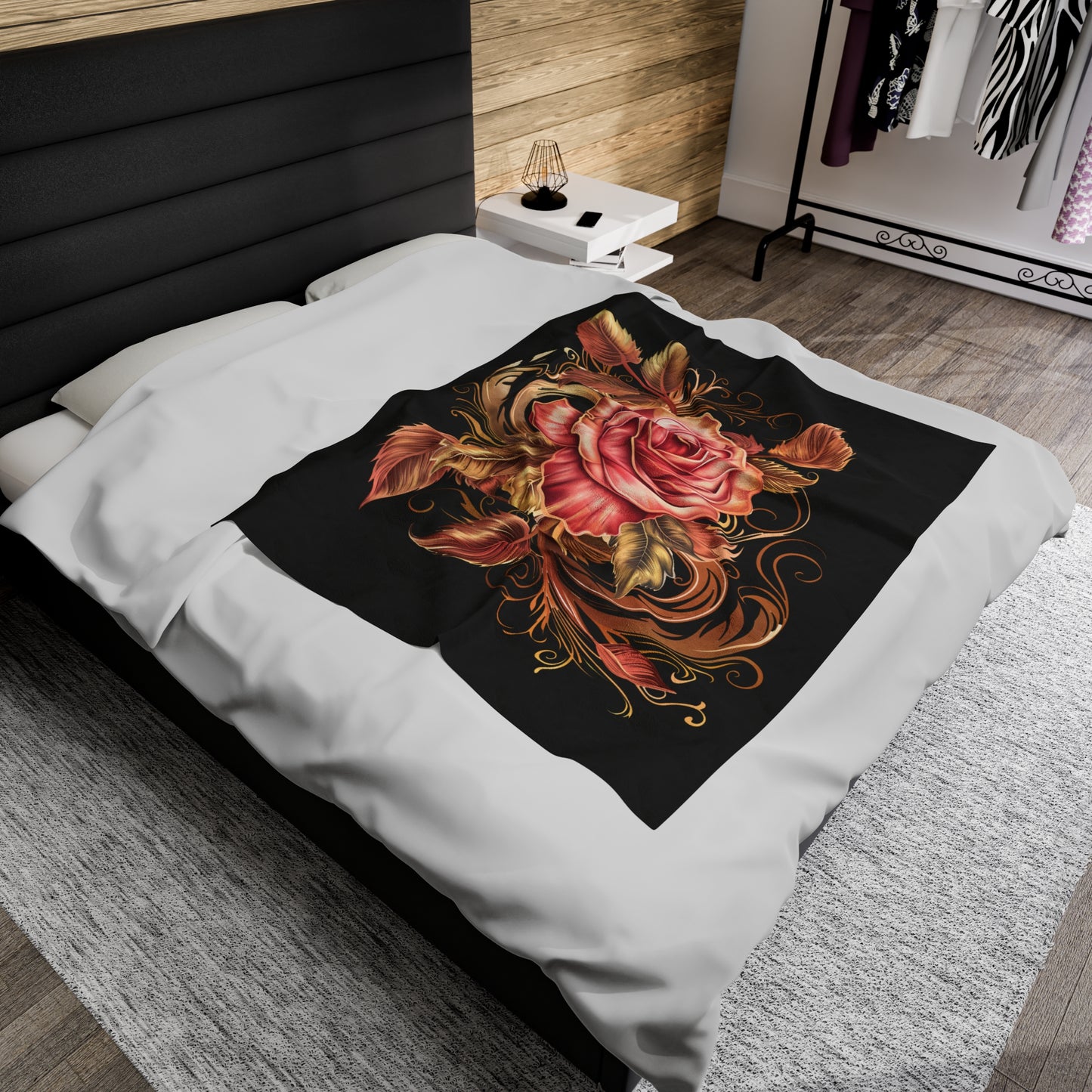 Black Velveteen Plush Blanket with beautiful pink rose surrounded by swirling leaves