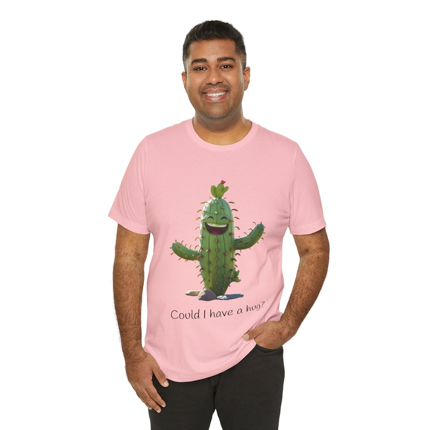 Light Colorful Smiling Cactus Plant T-shirt -  'Could I Have a Hug?' - Lightweight Fabric Tee