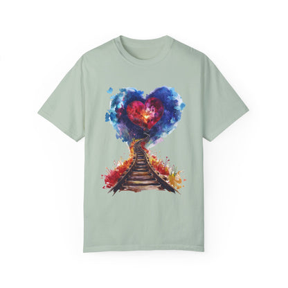 Unisex Garment-Dyed T-shirt - Journey of Heart - Train Tracks Coming out from Heart