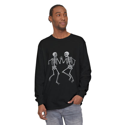 Halloween Tee - Unisex Garment-dyed Long Sleeve T-Shirt with Dancing skeletons
